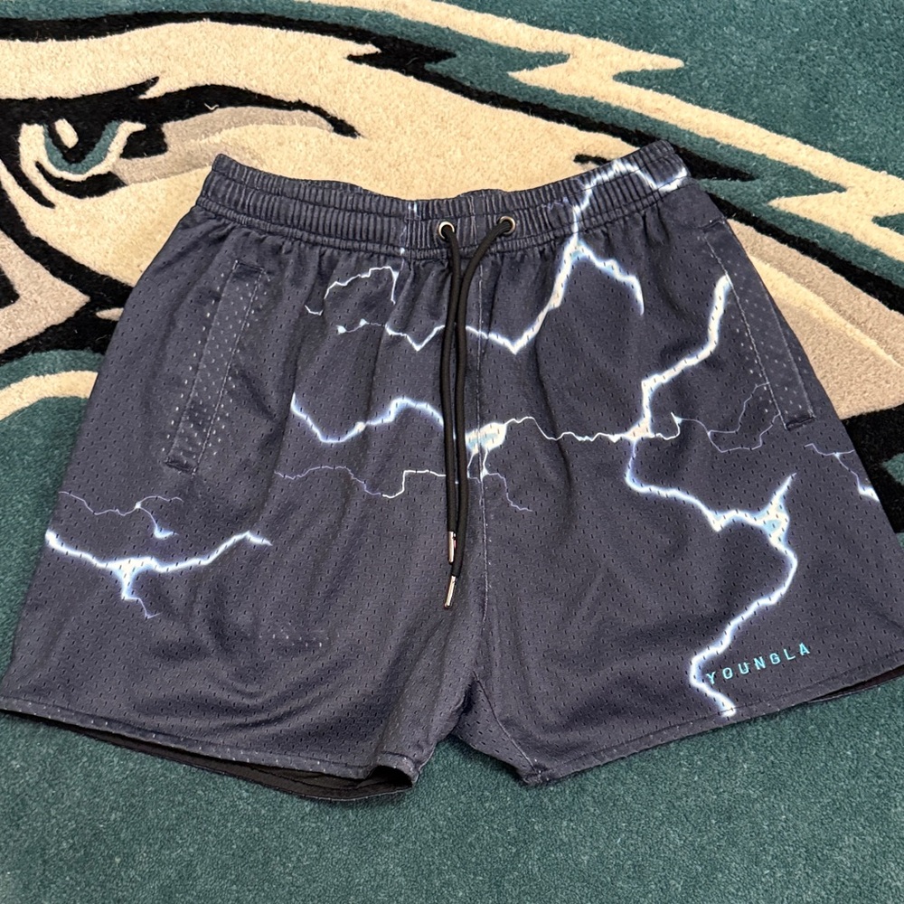 YoungLA Men's Athletic Shorts with Lightning Design - Dark Blue